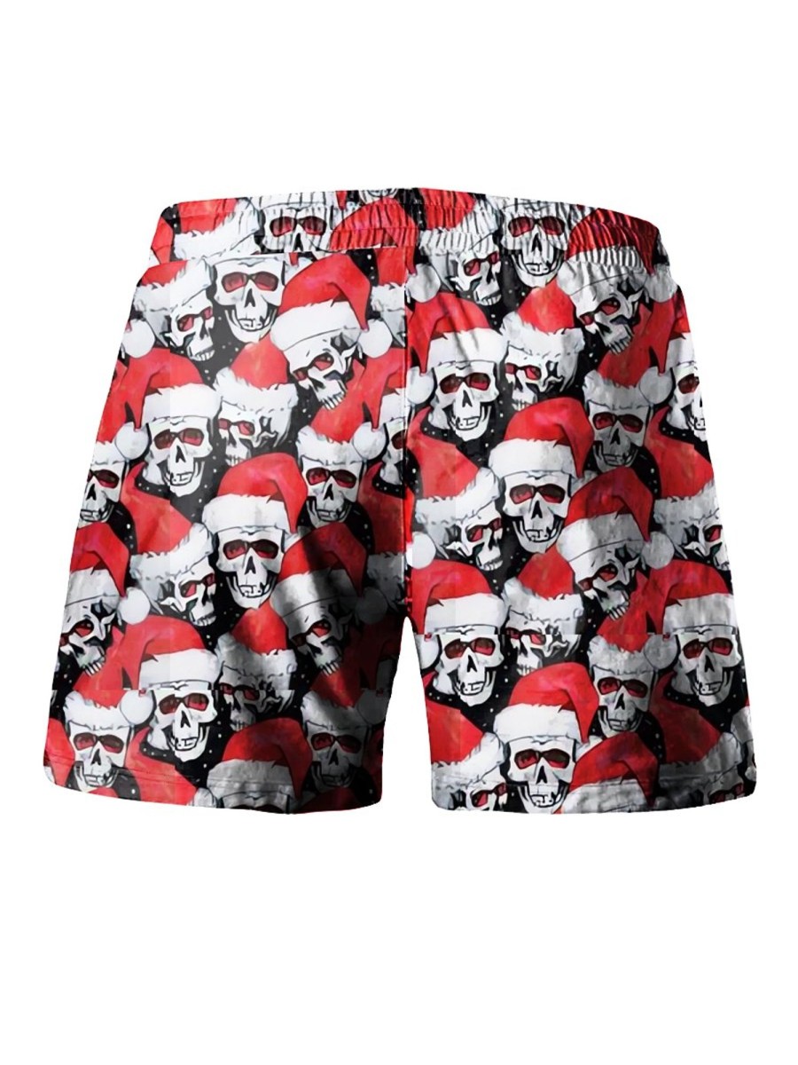 Men LJC Shorts | Santa Hat Skull Print Hawaiian Track Shorts Photo Color