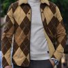 Men DJ Jacket | Retro Geometric Plaid Print Velvet Warm Lapel Jacket Brown