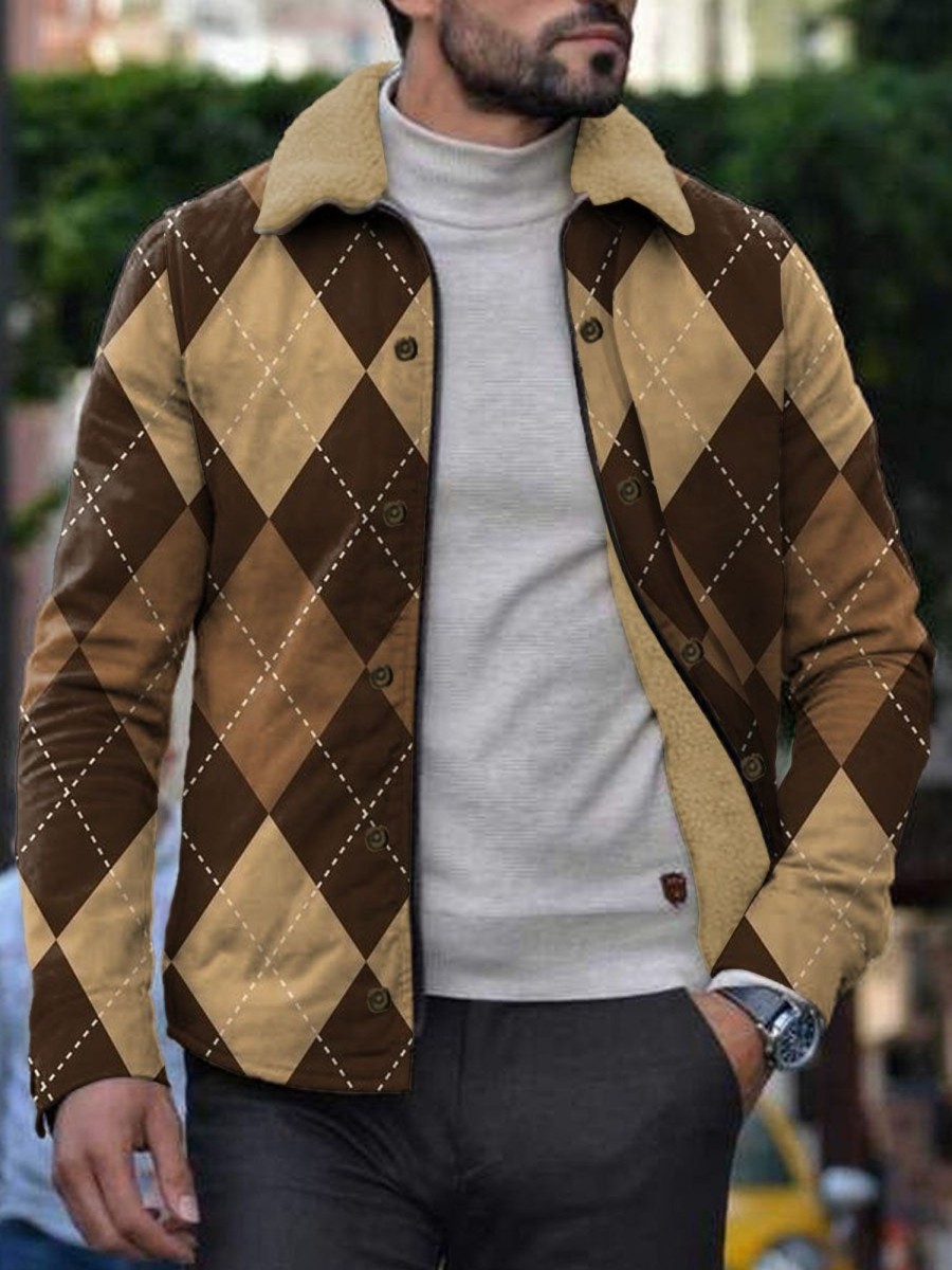 Men DJ Jacket | Retro Geometric Plaid Print Velvet Warm Lapel Jacket Brown