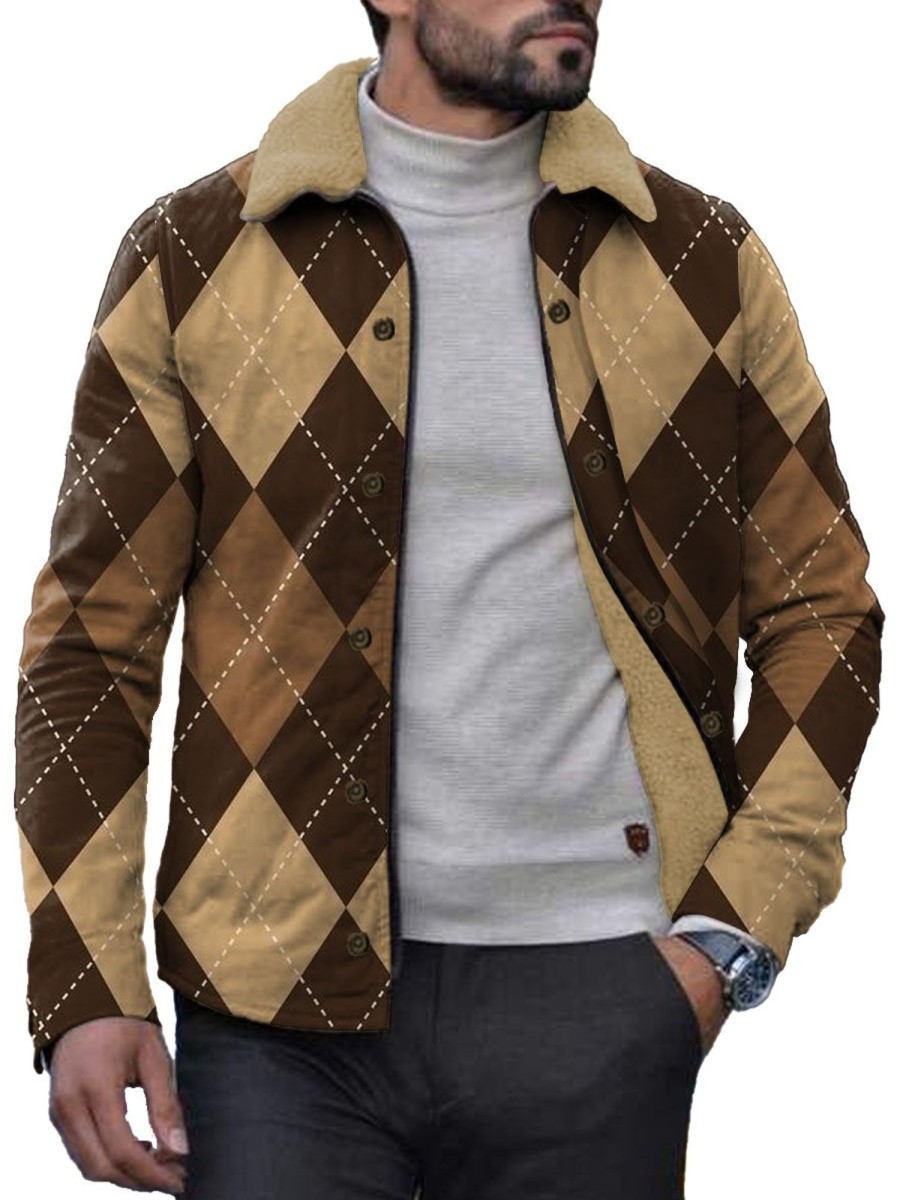 Men DJ Jacket | Retro Geometric Plaid Print Velvet Warm Lapel Jacket Brown