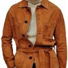 Men DJ Jacket | Vintage Multi-Pocket Suede Belted Casual Lapel Jacket Brown