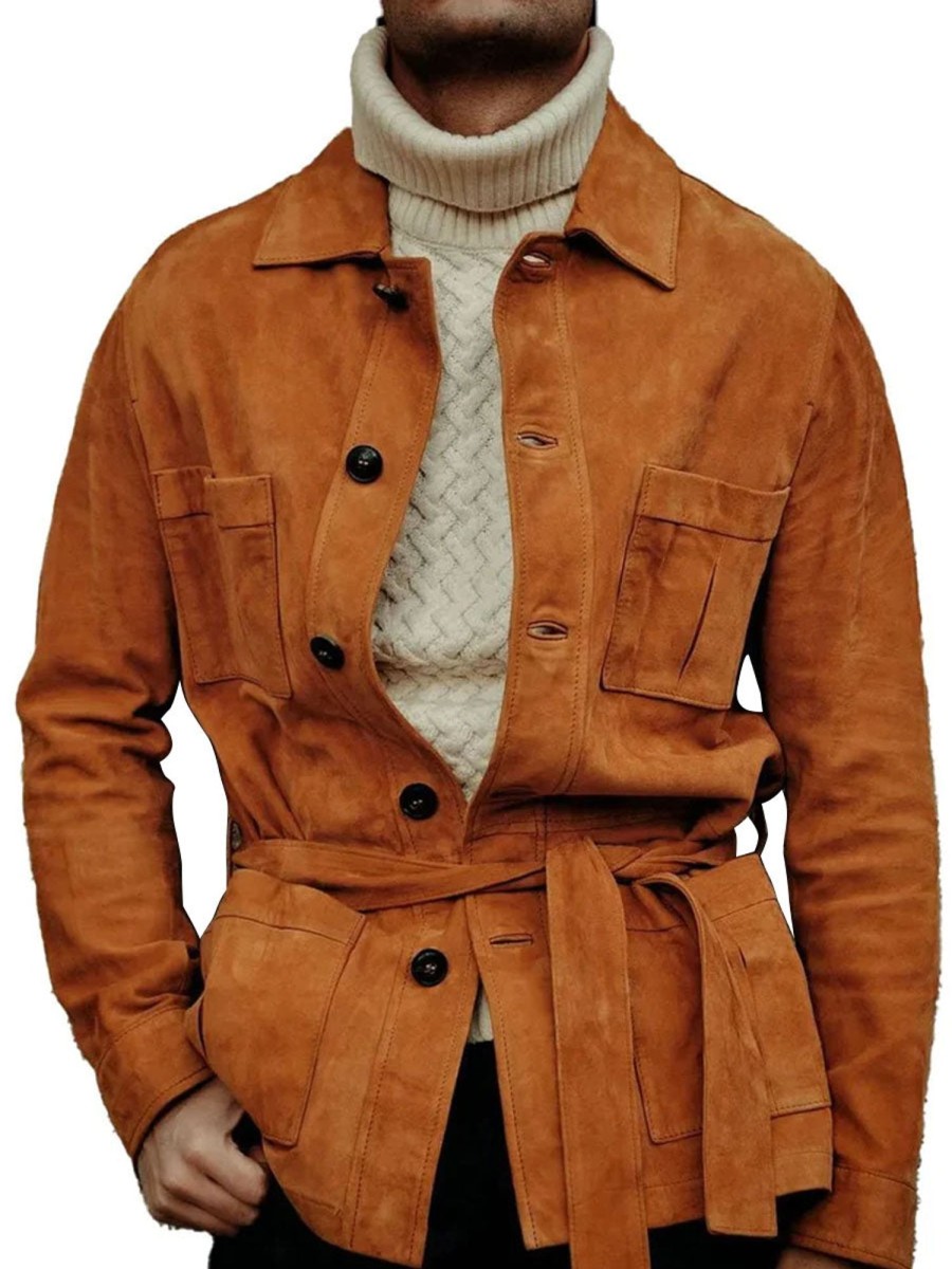 Men DJ Jacket | Vintage Multi-Pocket Suede Belted Casual Lapel Jacket Brown