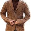 Men DJ Cardigan | Vintage Lapel Double Pocket Solid Color Jacquard Knitted Cardigan Brown