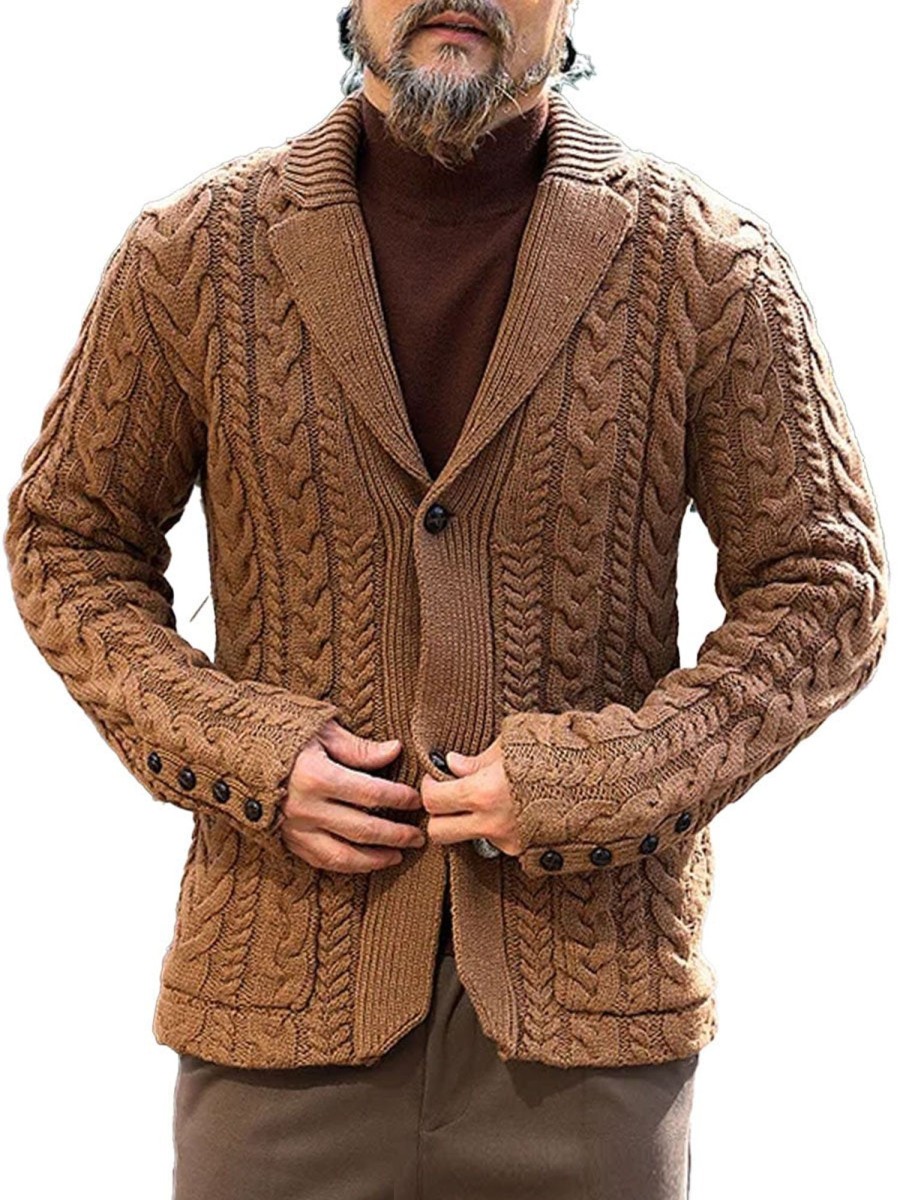 Men DJ Cardigan | Vintage Lapel Double Pocket Solid Color Jacquard Knitted Cardigan Brown