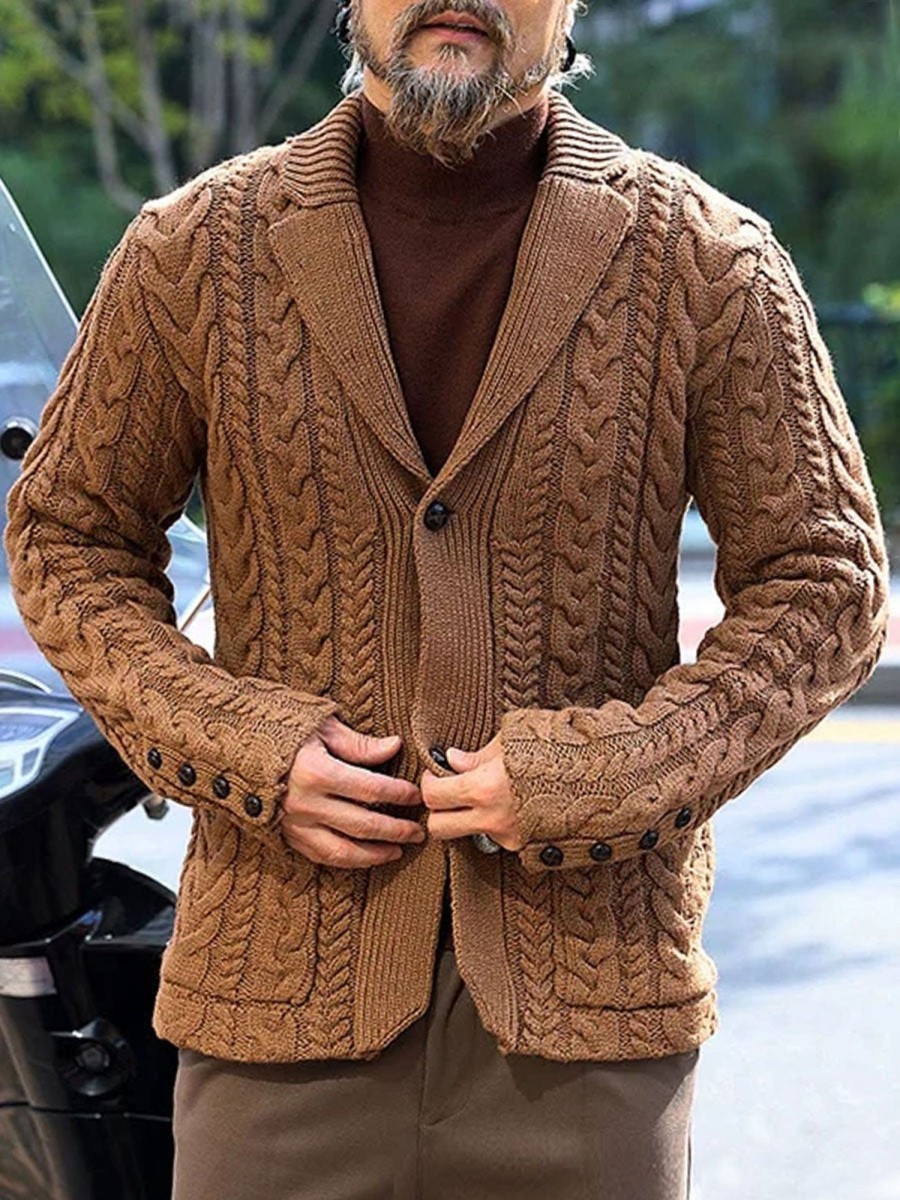 Men DJ Cardigan | Vintage Lapel Double Pocket Solid Color Jacquard Knitted Cardigan Brown