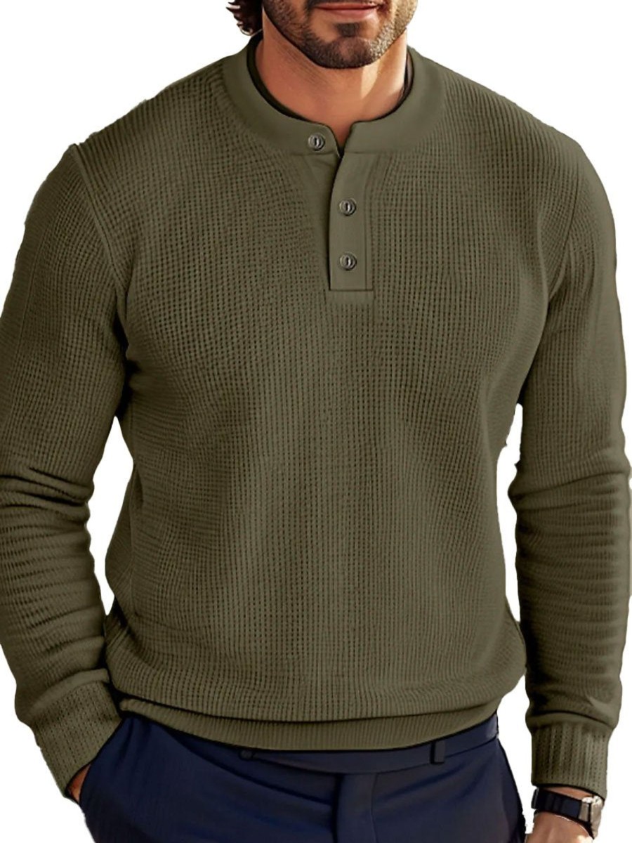 Men TH Casual Hoodie | Men'S Basic Waffle Henley Cotton Long Sleeve Sweatshirt Army Green