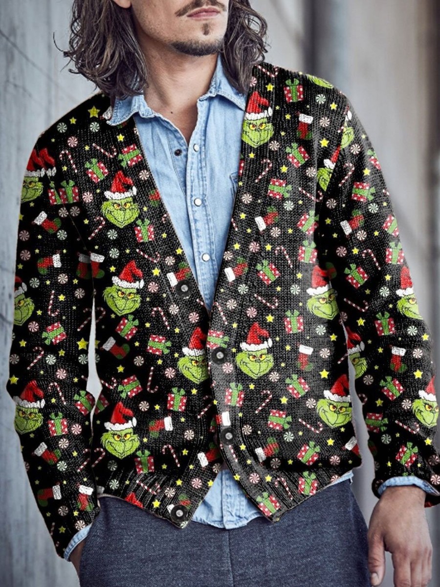 Men BXL Print Cardigan | Men'S Casual Christmas Green Monster Single Breasted Sweater Cardigan Photo Color