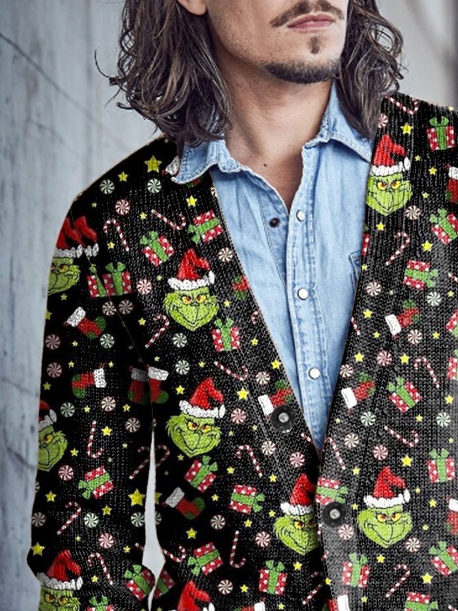 Men BXL Print Cardigan | Men'S Casual Christmas Green Monster Single Breasted Sweater Cardigan Photo Color