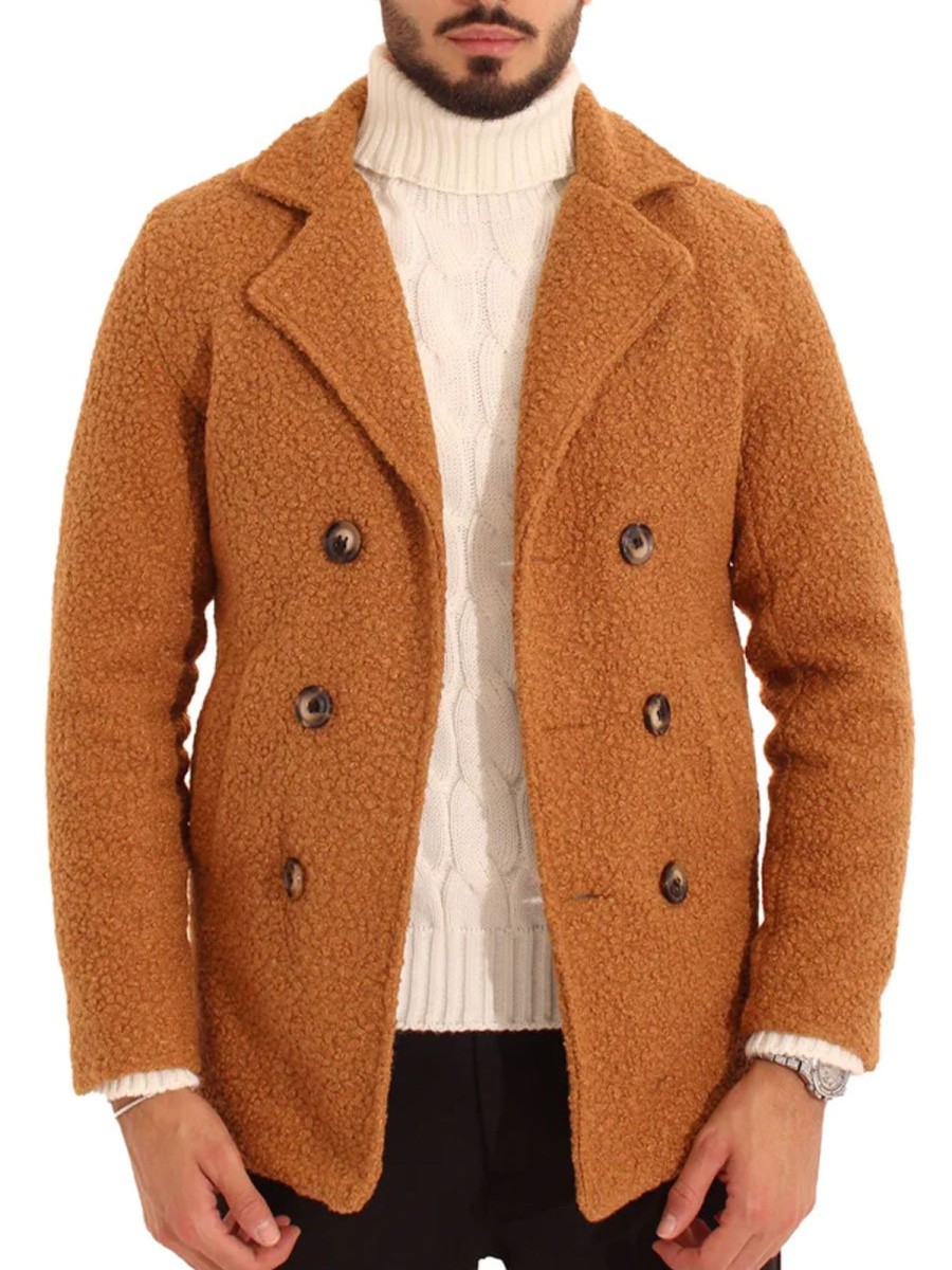 Men BXL Jacket | Men'S Solid Color Polar Fleece Double Breasted Casual Coat Caramel Colour