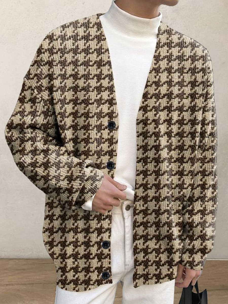 Men BXL Print Cardigan | Men'S Casual Houndstooth Print V-Neck Button-Down Knitted Cardigan Brown