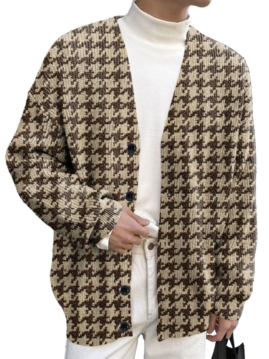 Men BXL Print Cardigan | Men'S Casual Houndstooth Print V-Neck Button-Down Knitted Cardigan Brown