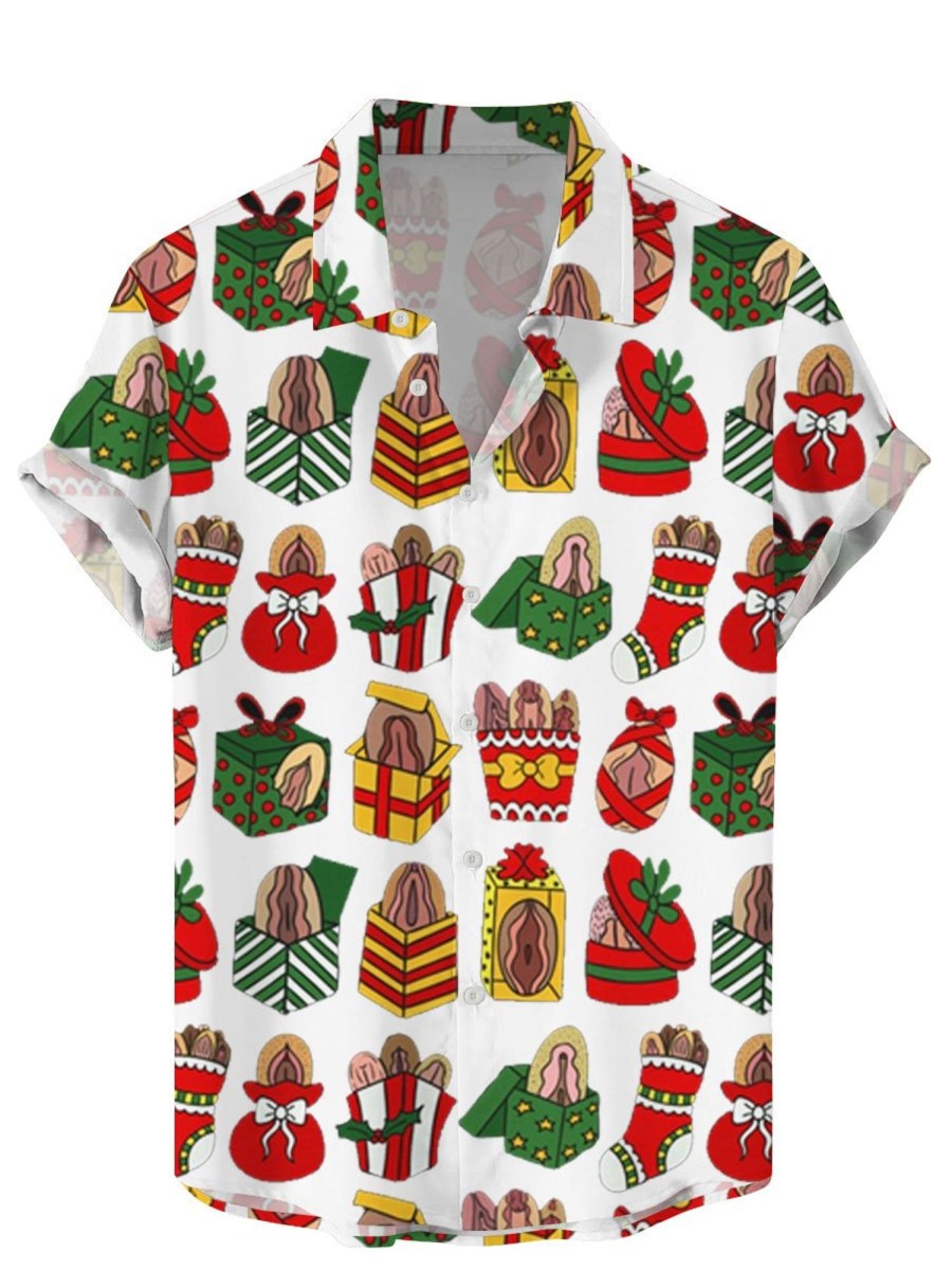 Men BXL Shirts | Hawaii Hidden Fun Christmas Rooster Print Casual Short Sleeve Shirt