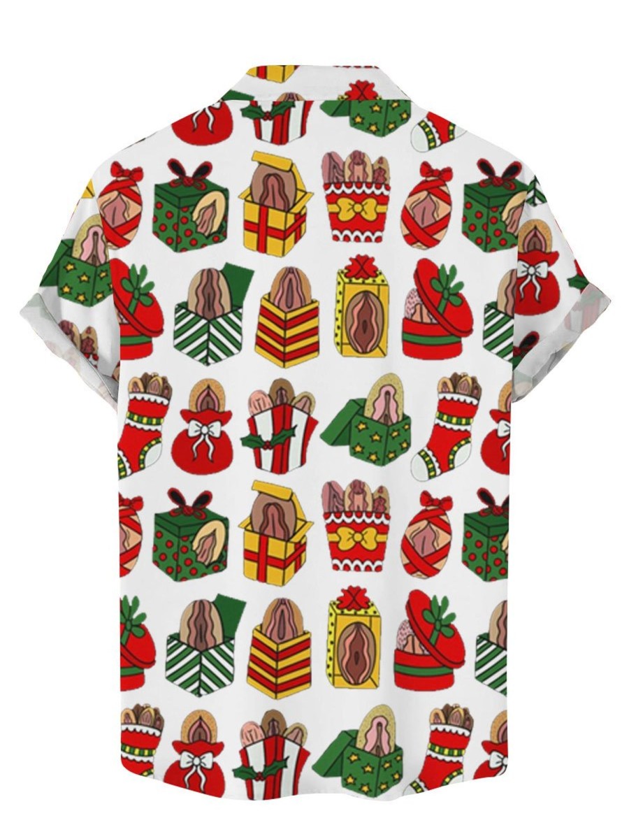 Men BXL Shirts | Hawaii Hidden Fun Christmas Rooster Print Casual Short Sleeve Shirt