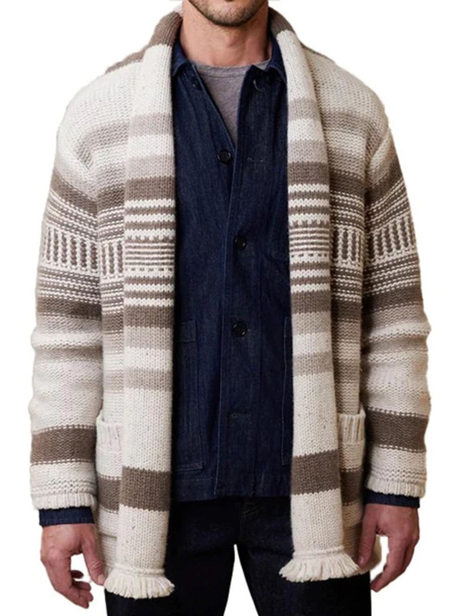 Men WY Cardigan | Men'S Vintage Striped Patchwork Collarless Cardigan 84647265Y Khaki