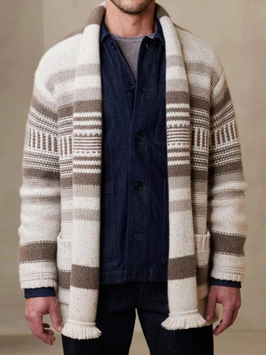 Men WY Cardigan | Men'S Vintage Striped Patchwork Collarless Cardigan 84647265Y Khaki