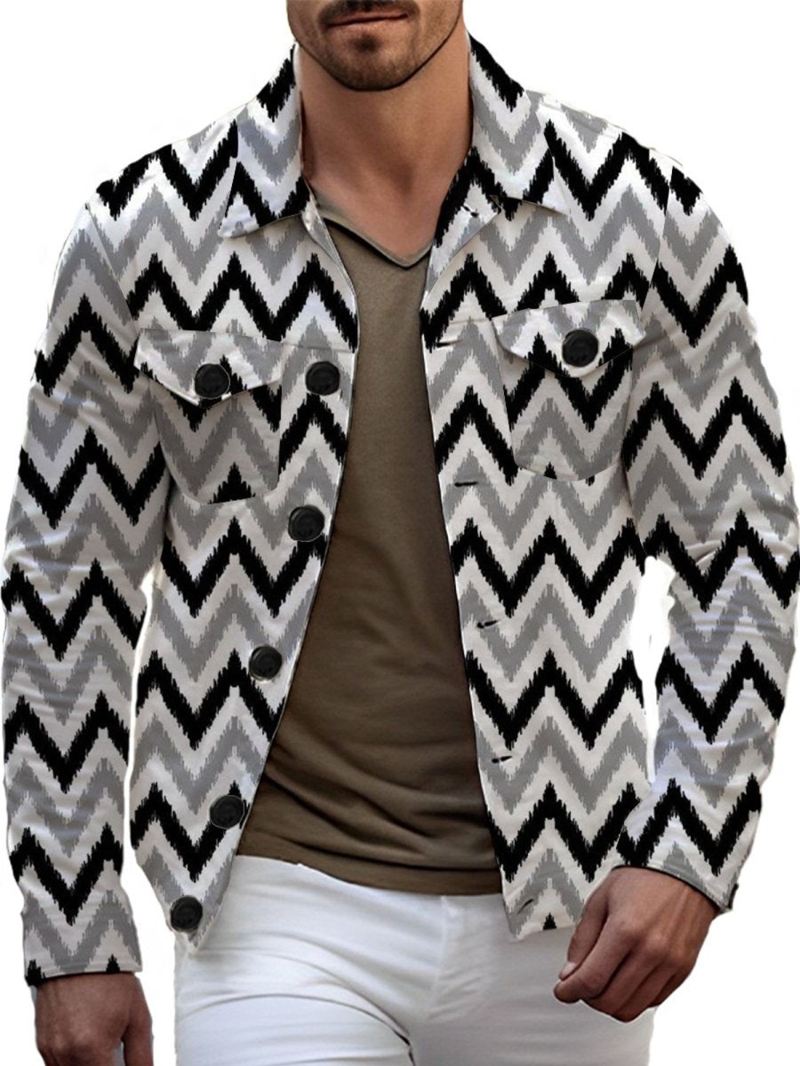 Men DJ Jacket | Vintage Ripple Print Pocket Single Breasted Lapel Jacket Photo Color