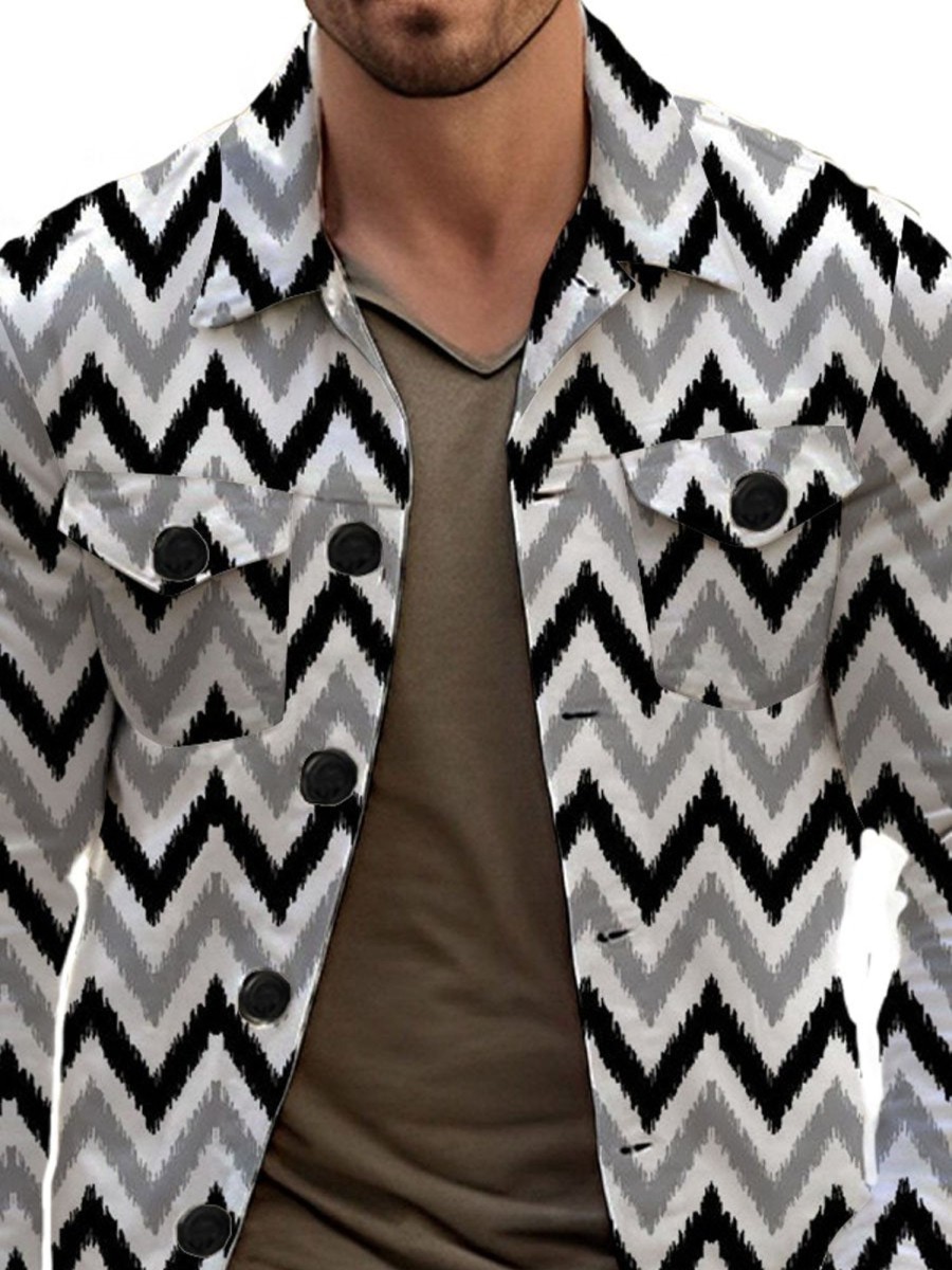 Men DJ Jacket | Vintage Ripple Print Pocket Single Breasted Lapel Jacket Photo Color