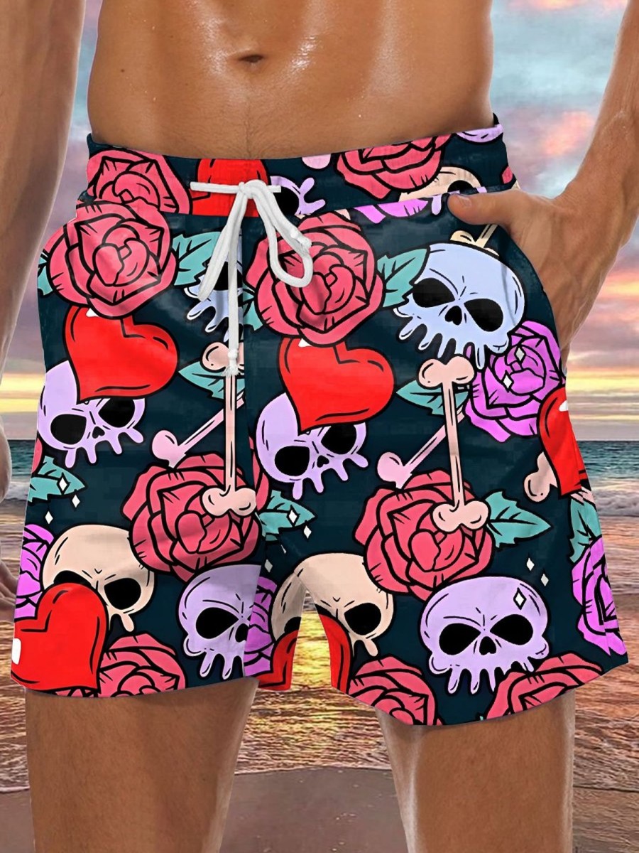 Men LJC Shorts | Rose Skull Heart Print Casual Shorts Photo Color