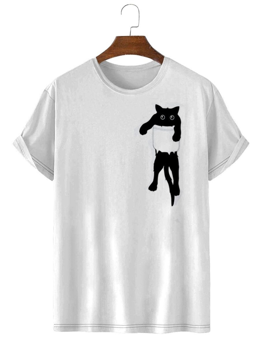 Men HLJ T-Shirts | Men'S Casual Fun Cat Short Sleeve T-Shirt White