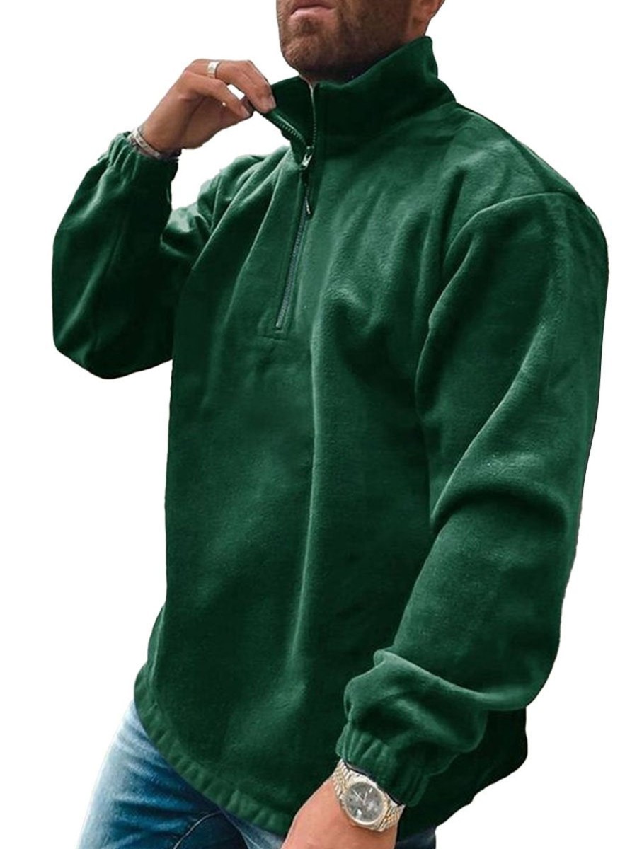 Men DJ Casual Hoodie | Double-Sided Velvet Stand Collar Half-Zip Casual Sweatshirt Green