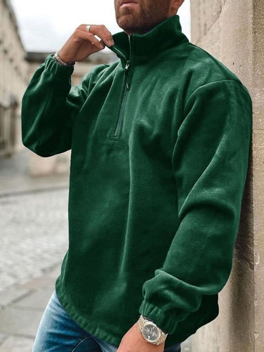 Men DJ Casual Hoodie | Double-Sided Velvet Stand Collar Half-Zip Casual Sweatshirt Green