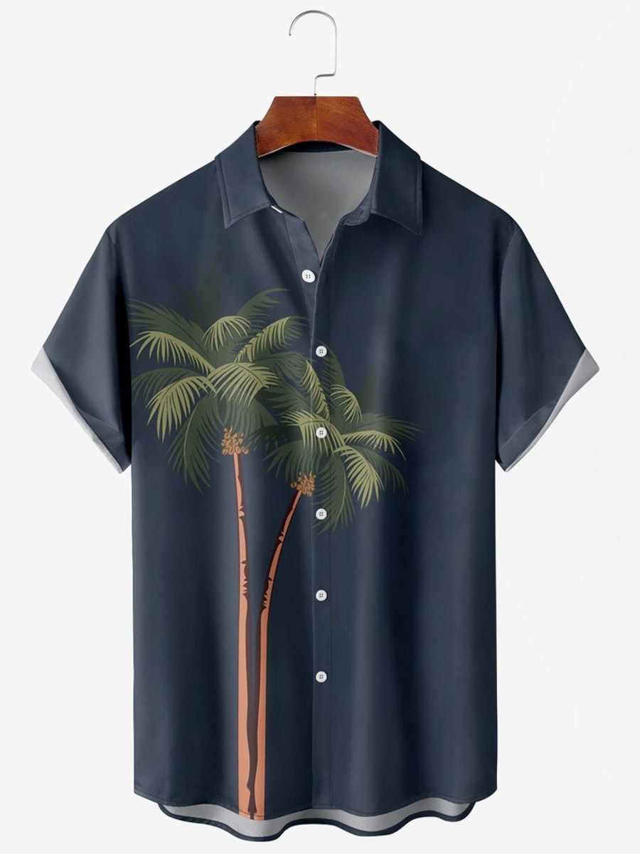 Men HLJ Shirts | Men'S Coconut Print Anti-Wrinkle Moisture Wicking Short Sleeve Shirt Dark Blue