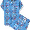 Men GYJ Set | Smile Pattern Print Casual Short Sleeve Shirt Shorts Two-Piece Set Blue