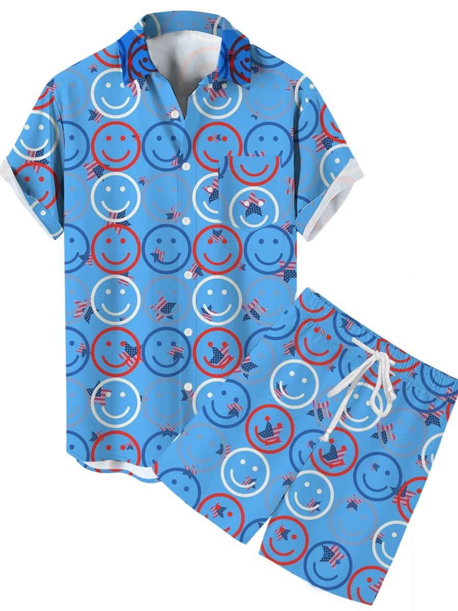 Men GYJ Set | Smile Pattern Print Casual Short Sleeve Shirt Shorts Two-Piece Set Blue