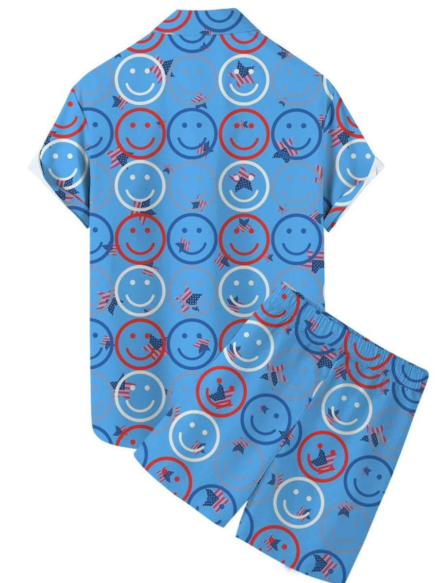 Men GYJ Set | Smile Pattern Print Casual Short Sleeve Shirt Shorts Two-Piece Set Blue