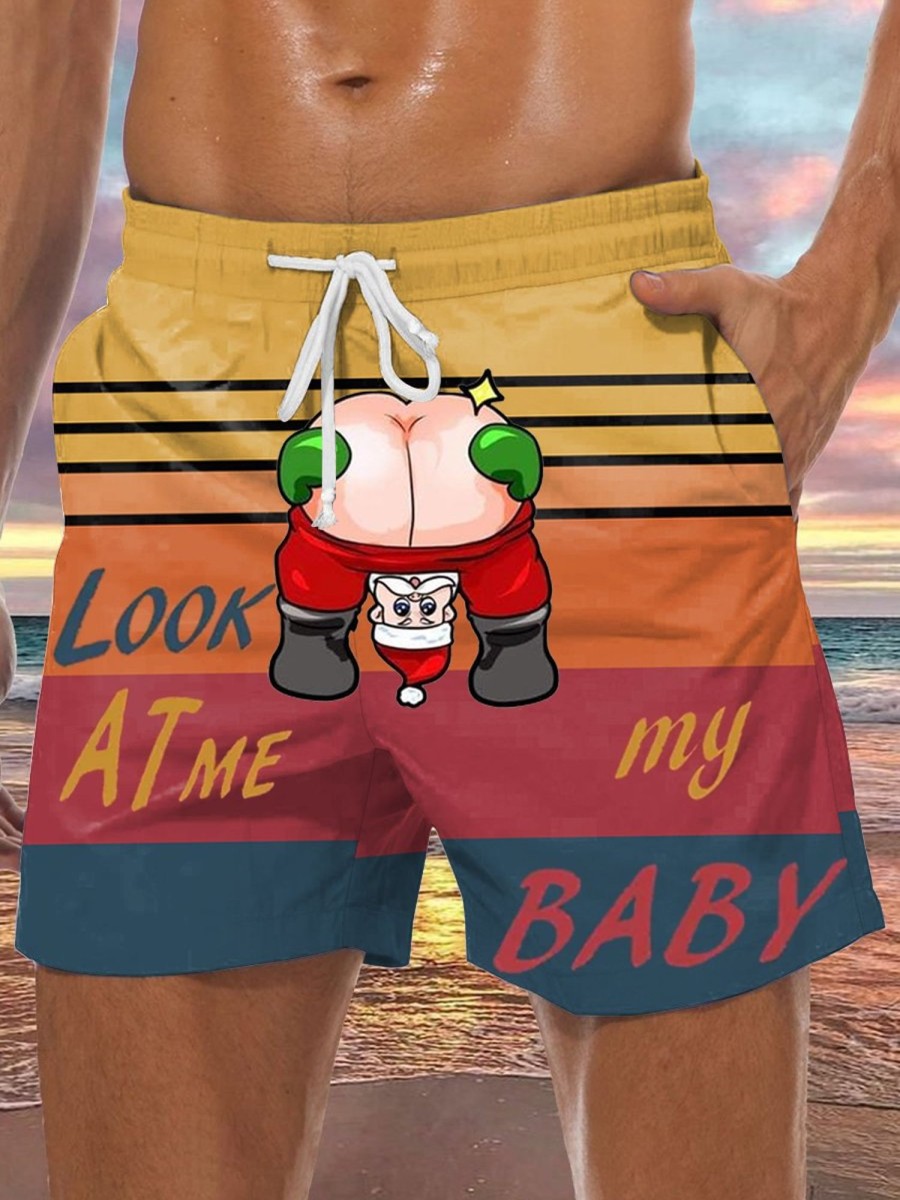 Men DJ Bottoms | Look At My Baby Santa Print Pocket Shorts Photo Color