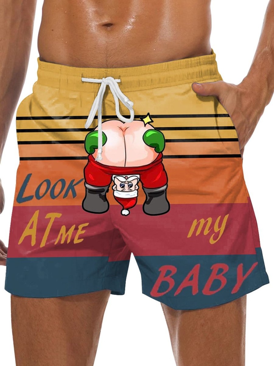 Men DJ Bottoms | Look At My Baby Santa Print Pocket Shorts Photo Color