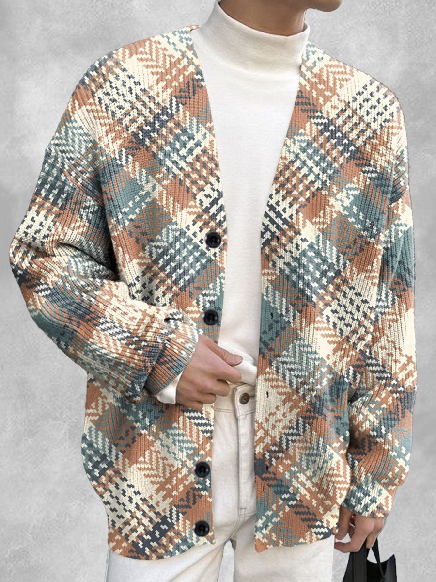 Men DJ Print Cardigan | Vintage Plaid Print Casual Knitted Cardigan Photo Color