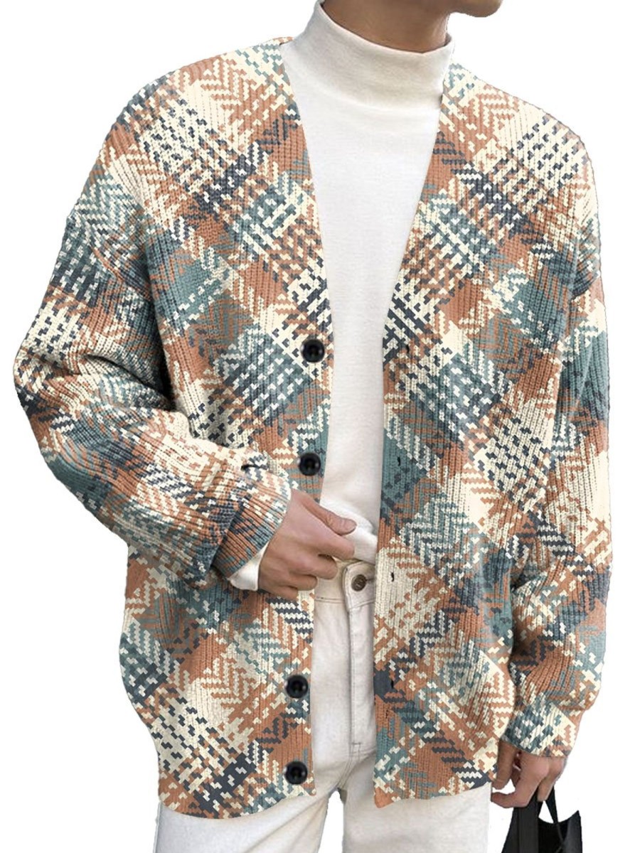 Men DJ Print Cardigan | Vintage Plaid Print Casual Knitted Cardigan Photo Color