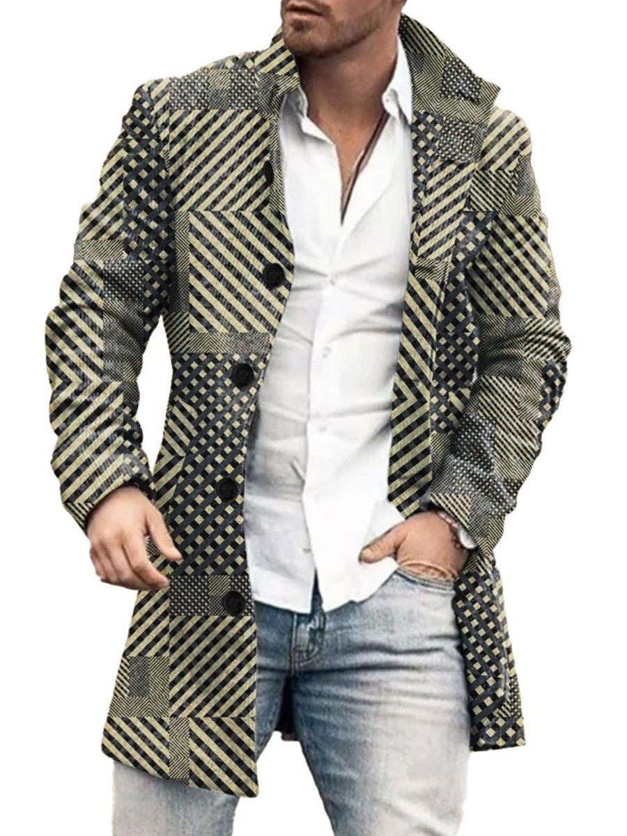 Men BXL Print Jacket | Men'S Retro Geometric Print Woolen Casual Coat Photo Color