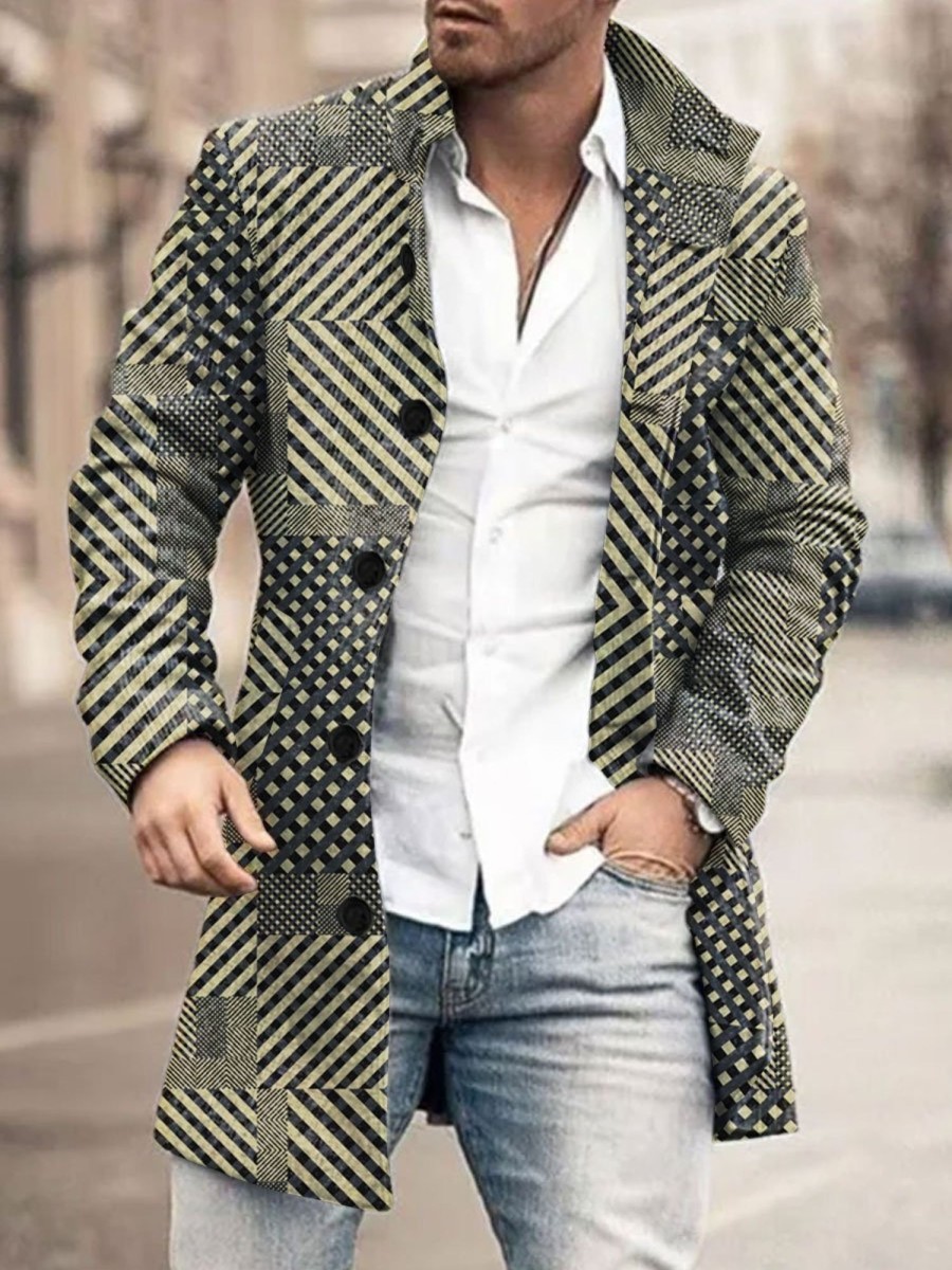 Men BXL Print Jacket | Men'S Retro Geometric Print Woolen Casual Coat Photo Color