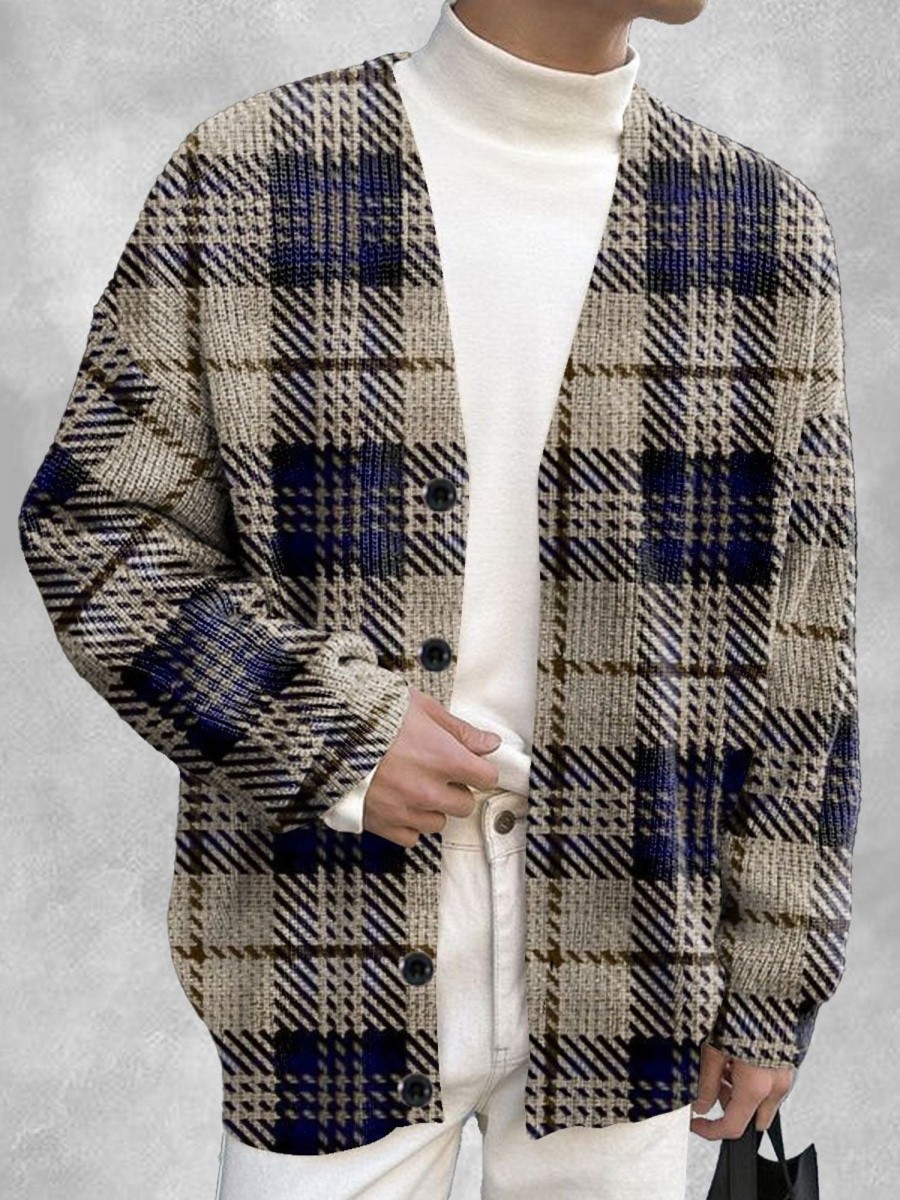 Men DJ Print Cardigan | Vintage Plaid Print Single-Breasted Casual Knitted Cardigan Photo Color