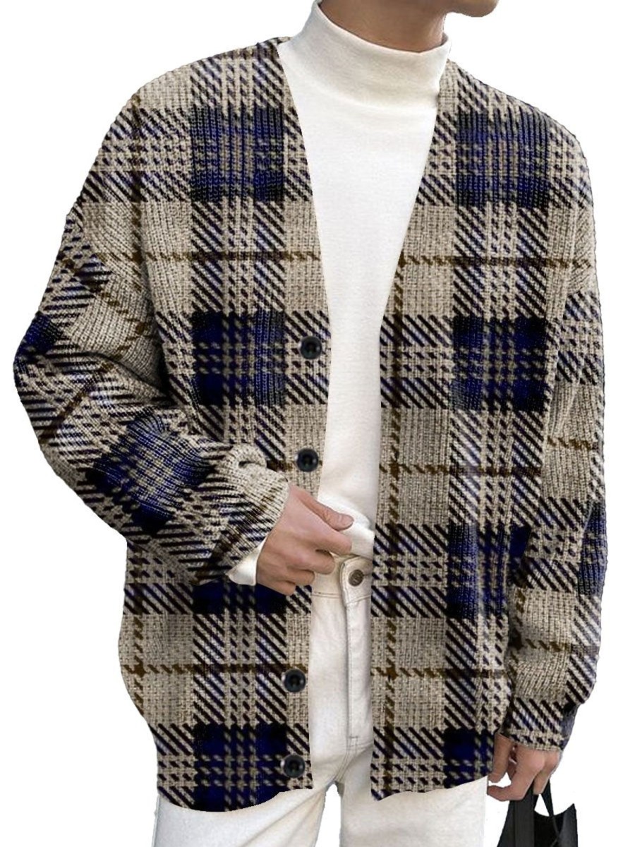 Men DJ Print Cardigan | Vintage Plaid Print Single-Breasted Casual Knitted Cardigan Photo Color