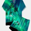 Men HLJ Set | Hawaiian Aurora Coconut Tree Print Men'S Button Pocket Two-Piece Set Fluorescent Color