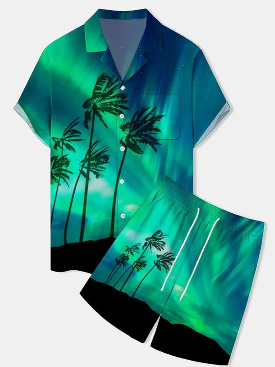 Men HLJ Set | Hawaiian Aurora Coconut Tree Print Men'S Button Pocket Two-Piece Set Fluorescent Color