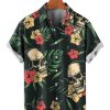 Men HLJ Shirts | Tropical Hibiscus Palm Colorful Skull Short Sleeve Shirt Black