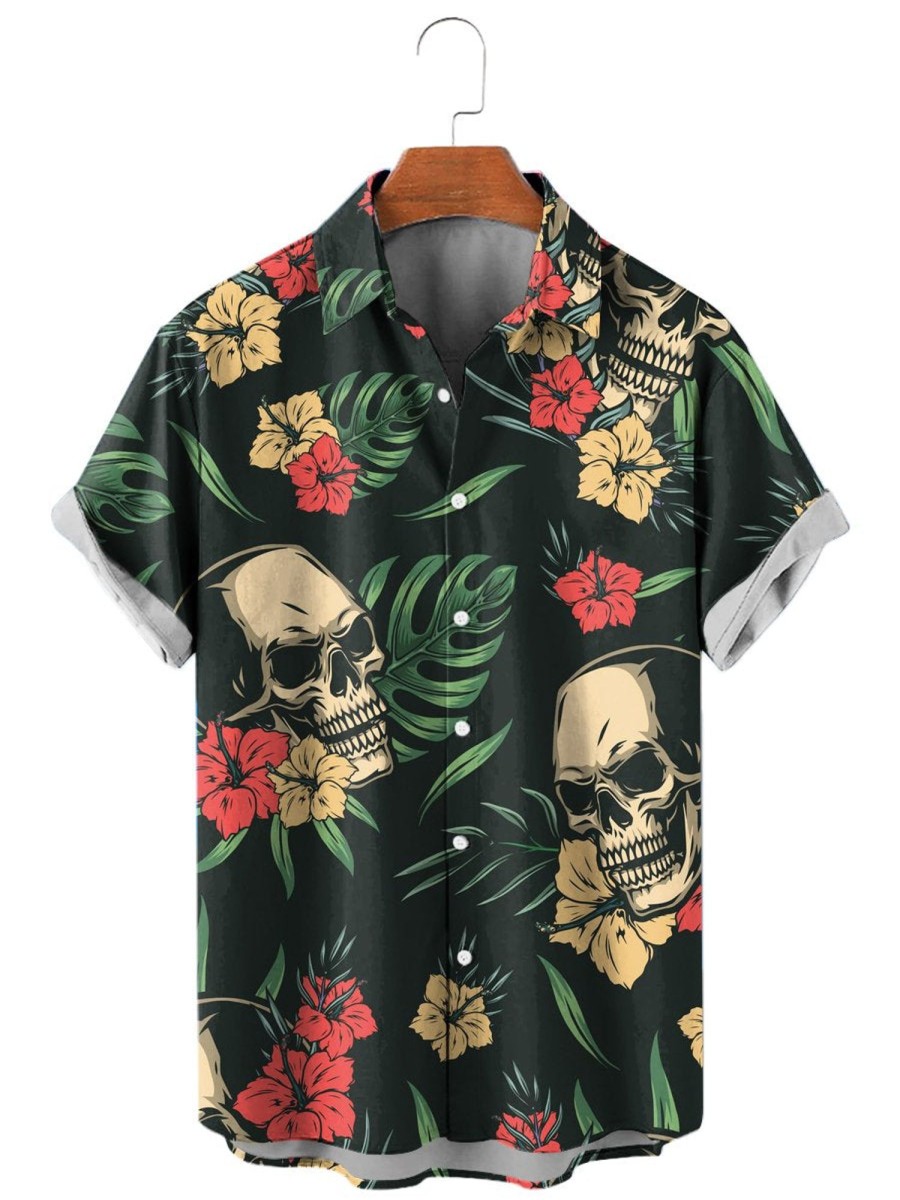 Men HLJ Shirts | Tropical Hibiscus Palm Colorful Skull Short Sleeve Shirt Black