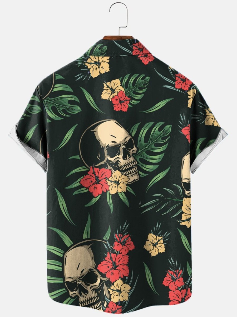 Men HLJ Shirts | Tropical Hibiscus Palm Colorful Skull Short Sleeve Shirt Black