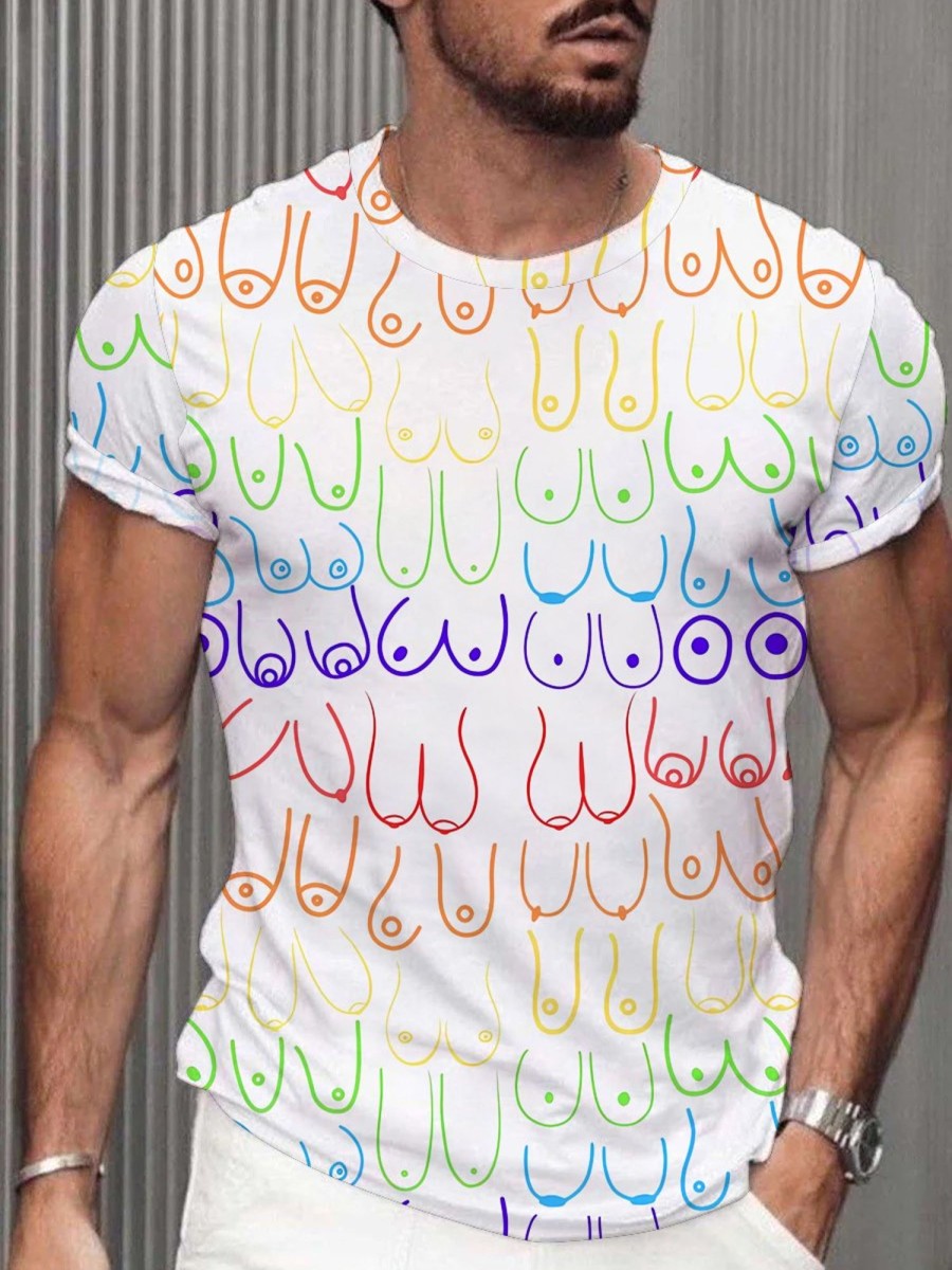 Men DJ T-Shirts | Colorful Retro Breast Print Round Neck Short-Sleeved T-Shirt Photo Color