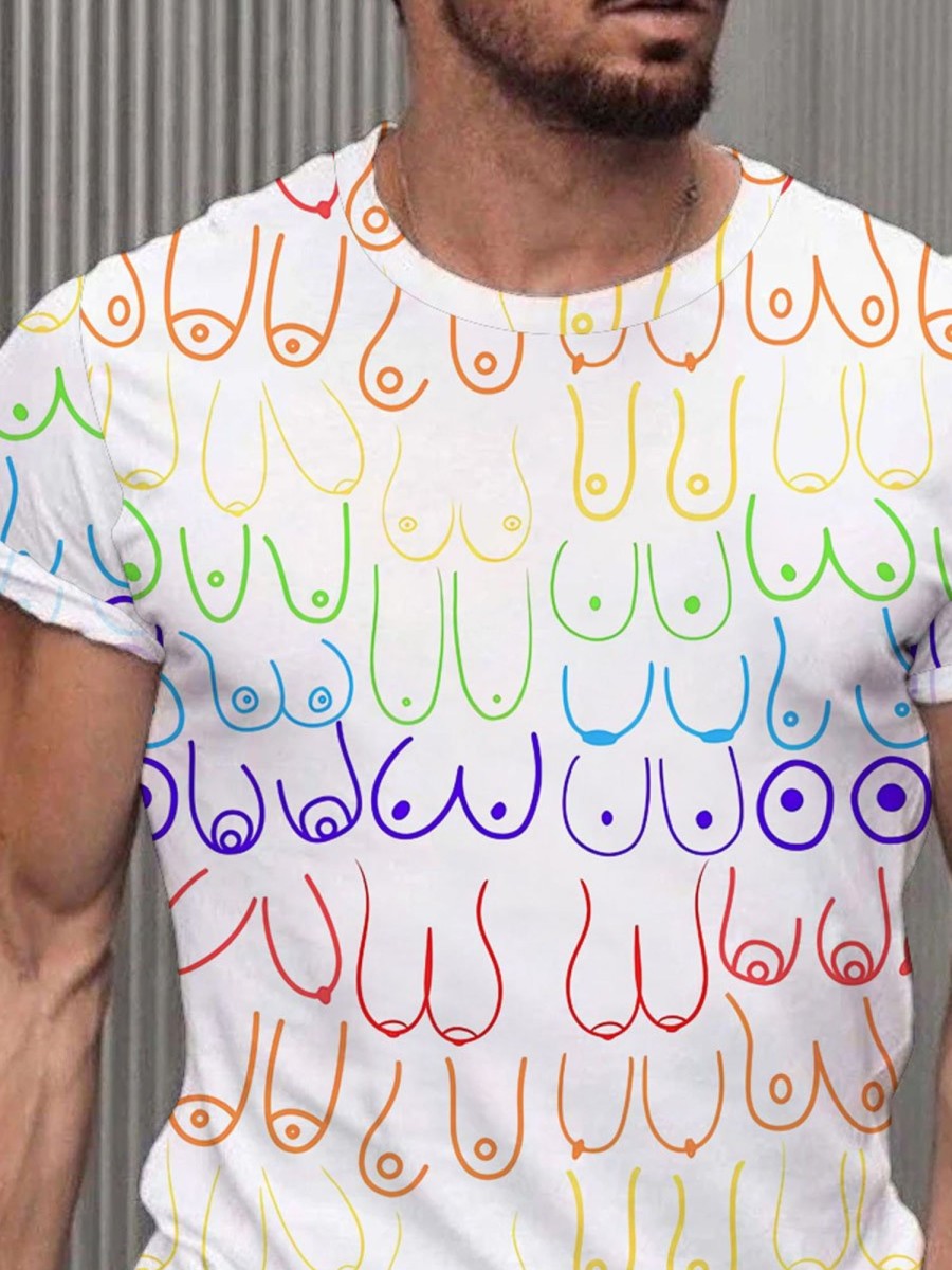 Men DJ T-Shirts | Colorful Retro Breast Print Round Neck Short-Sleeved T-Shirt Photo Color