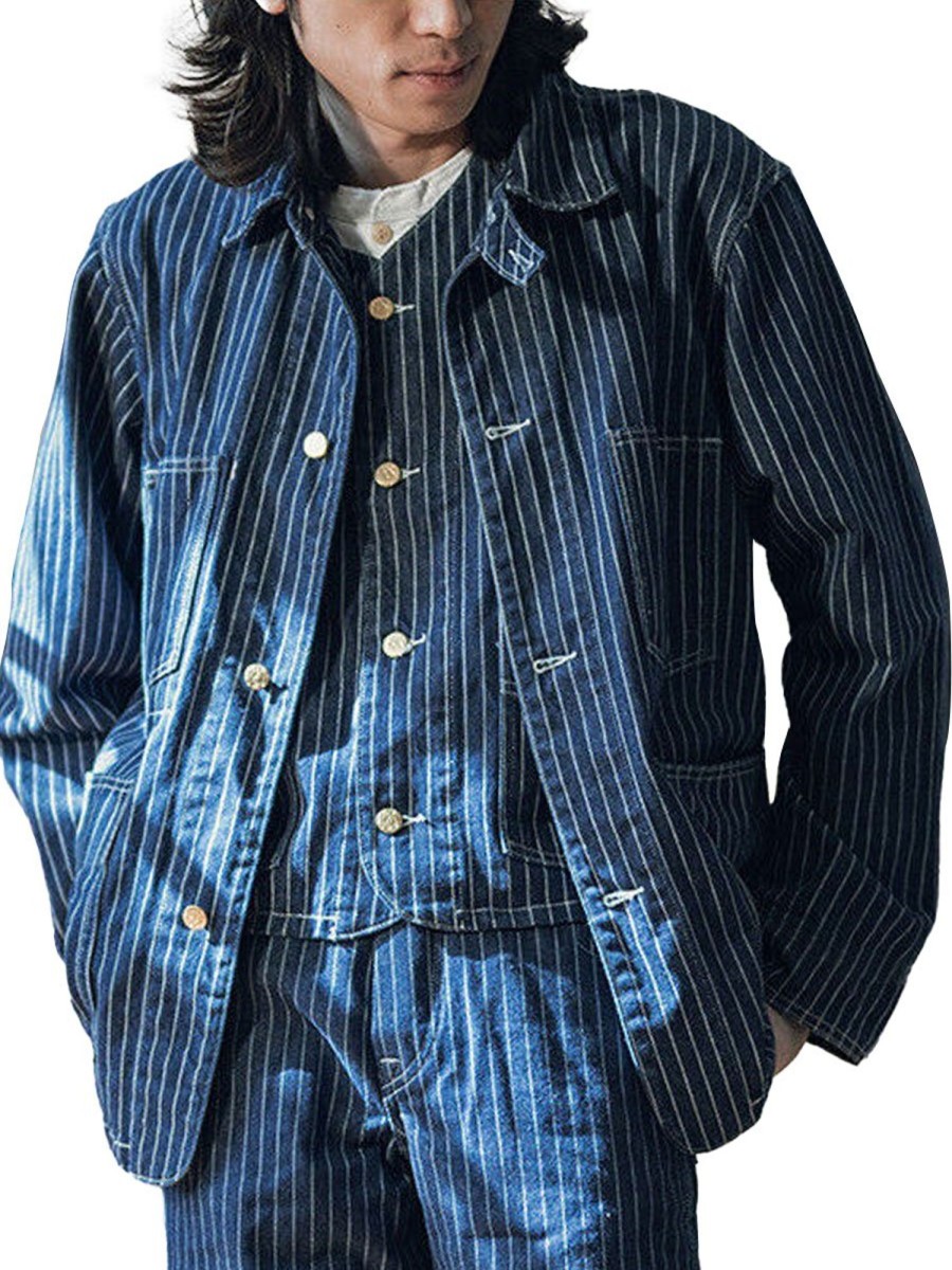 Men BXL Jacket | Men'S Multi-Pocket Striped Denim Casual Jacket Blue