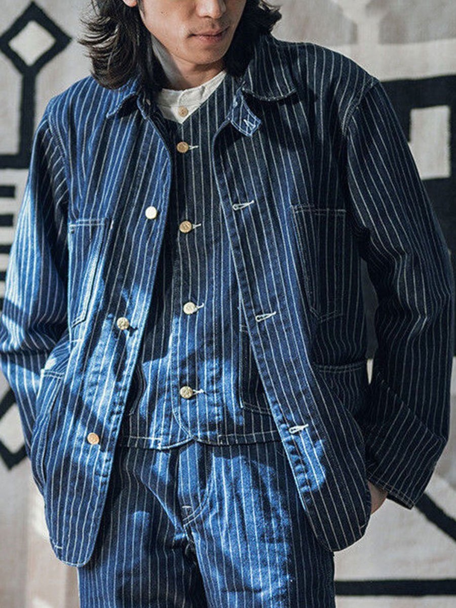 Men BXL Jacket | Men'S Multi-Pocket Striped Denim Casual Jacket Blue