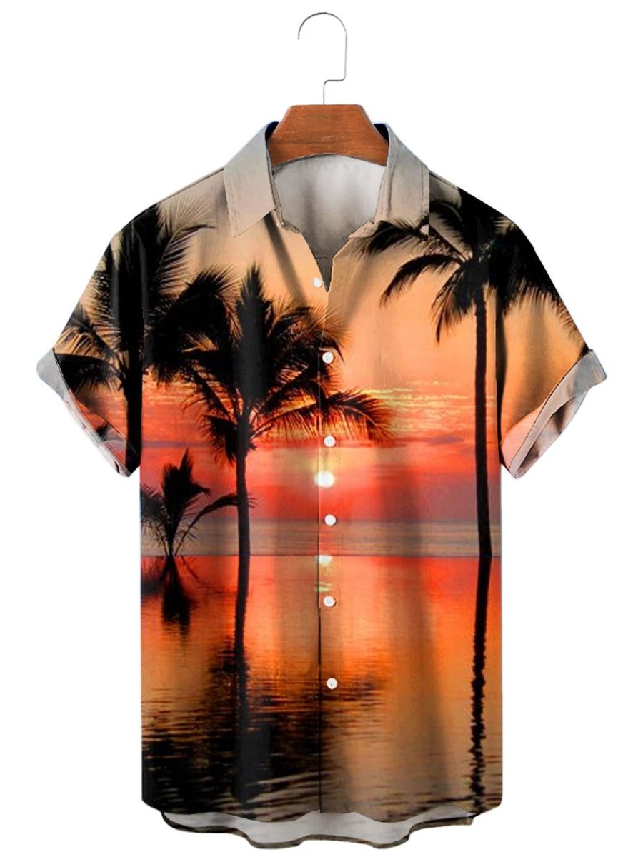 Men XT Shirts | Seaside Sunset Palm Print Shirt 76273884X Red