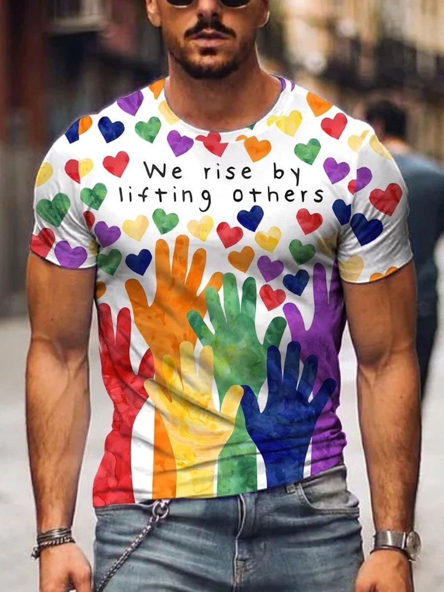 Men DJ T-Shirts | Men'S We Rise By Lifting Others Heart Rainbow Print T-Shirt Photo Color