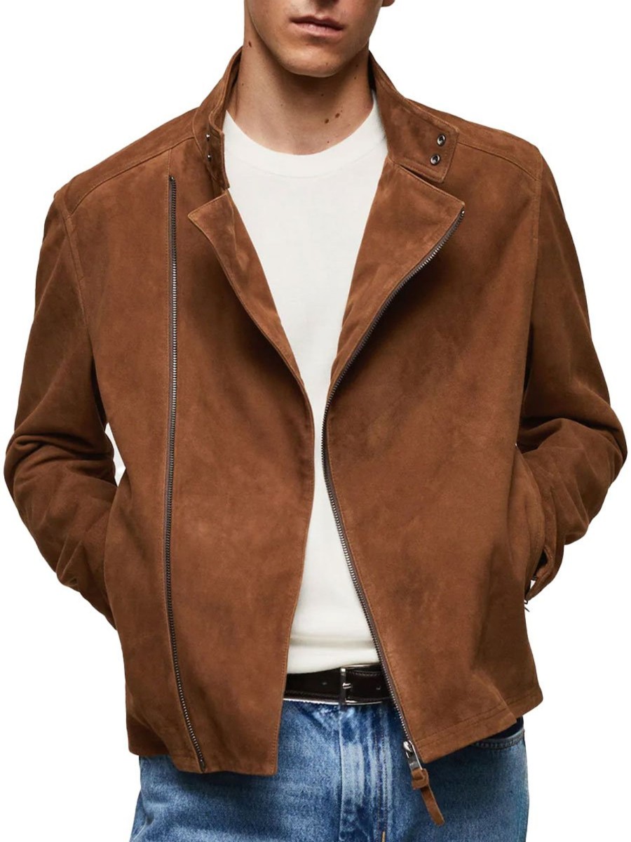 Men BXL Jacket | Men'S Vintage Solid Suede Zipper Stand Collar Jacket Brown