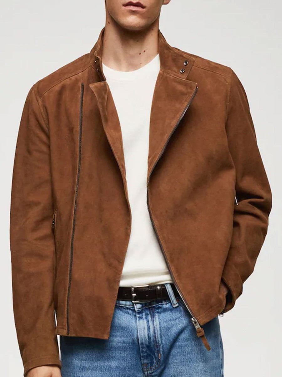 Men BXL Jacket | Men'S Vintage Solid Suede Zipper Stand Collar Jacket Brown